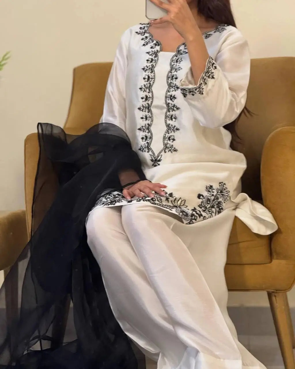 Natural Crepe Embroidered Palazzo Set with Beads and Sequins