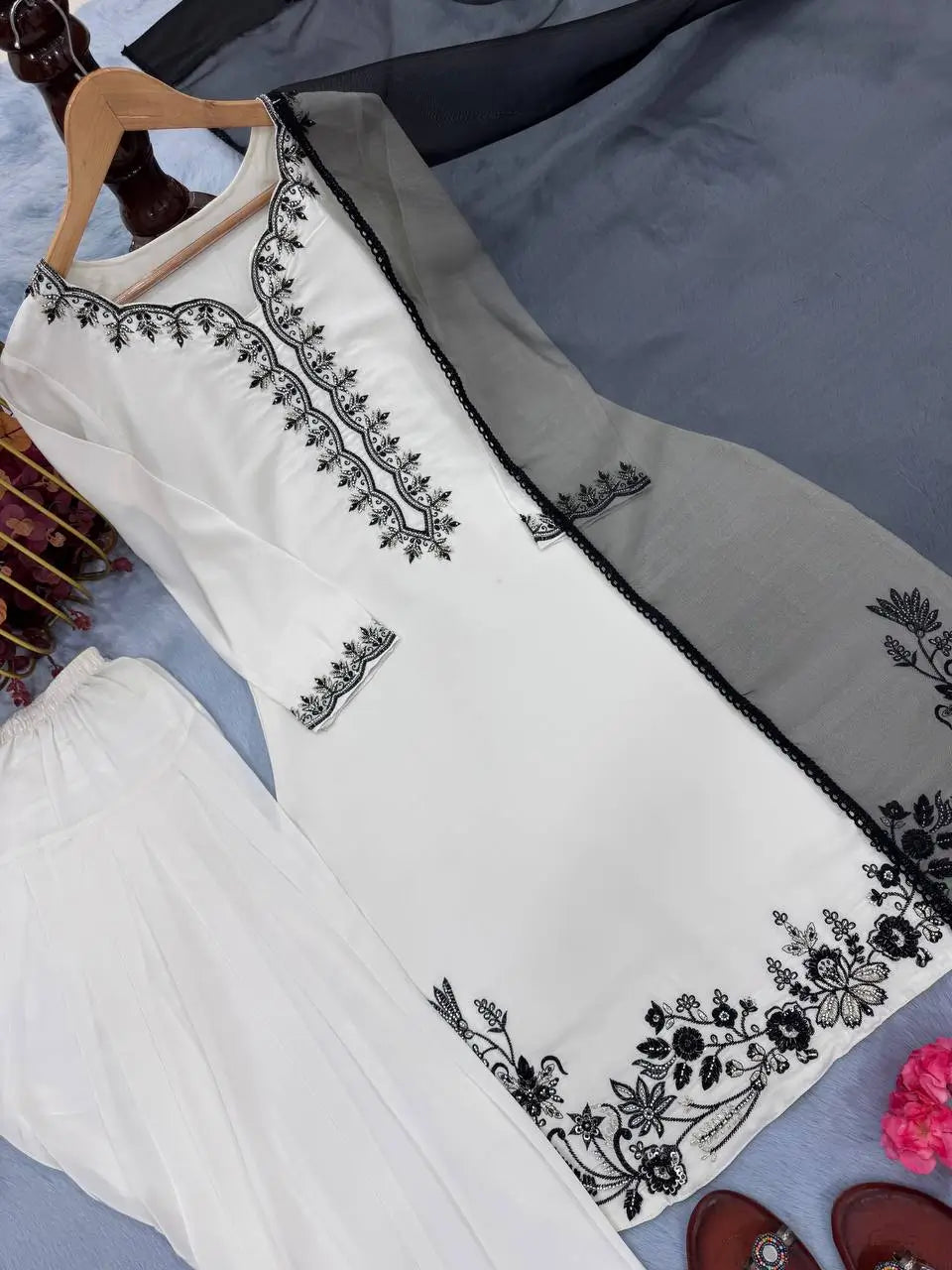 Natural Crepe Embroidered Palazzo Set with Beads and Sequins