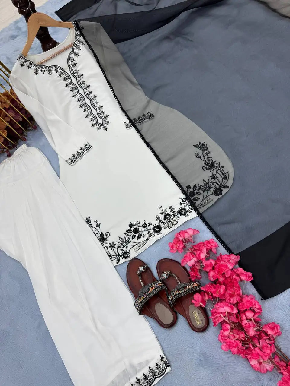Natural Crepe Embroidered Palazzo Set with Beads and Sequins