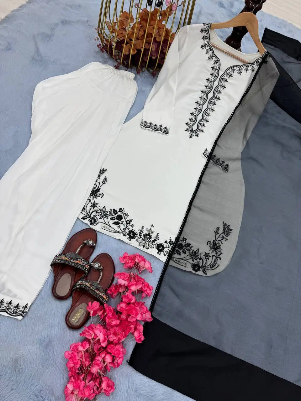 Natural Crepe Embroidered Palazzo Set with Beads and Sequins