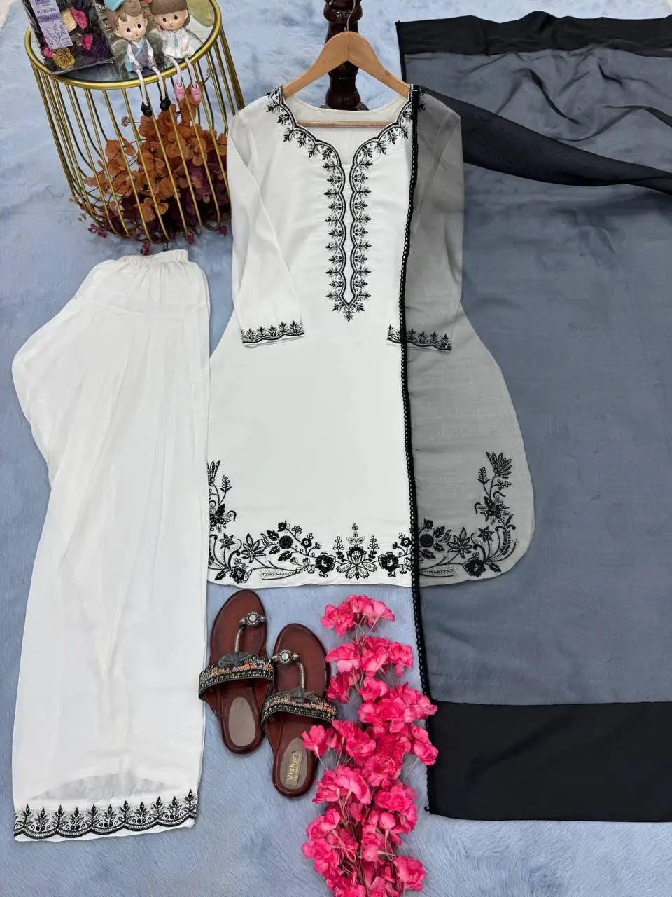 Natural Crepe Embroidered Palazzo Set with Beads and Sequins