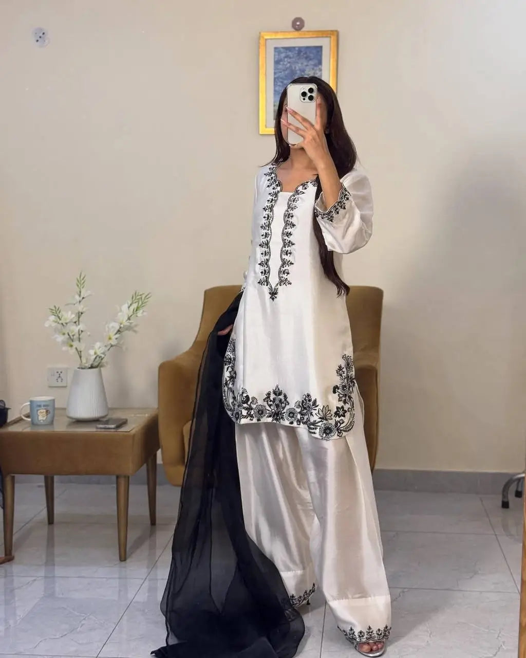 Natural Crepe Embroidered Palazzo Set with Beads and Sequins