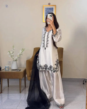 Natural Crepe Embroidered Palazzo Set with Beads and Sequins