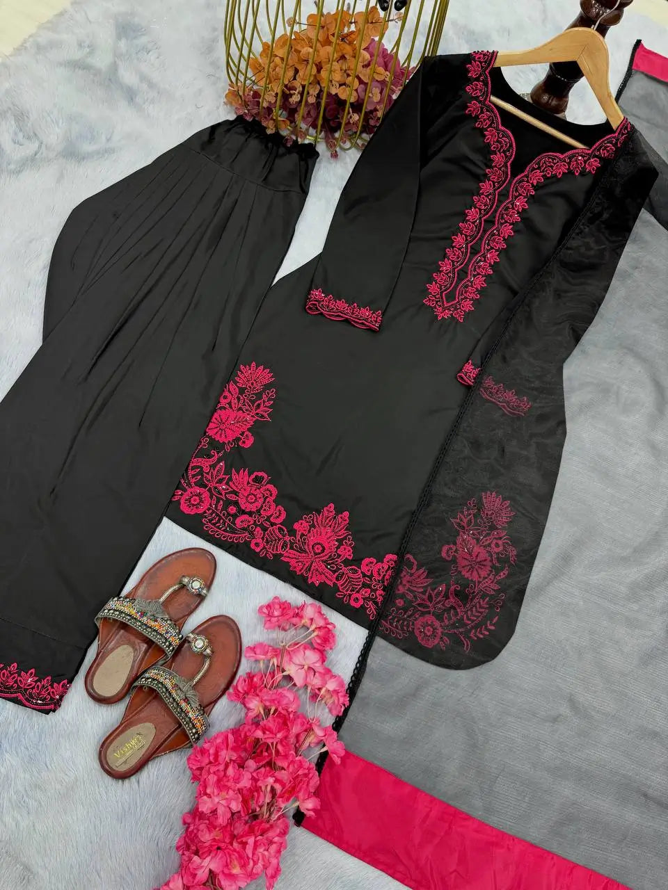 Natural Crepe Embroidered Palazzo Set with Moti & Sequins Work