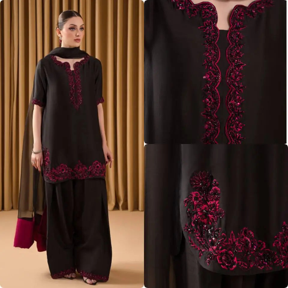 Natural Crepe Embroidered Palazzo Set with Moti & Sequins Work