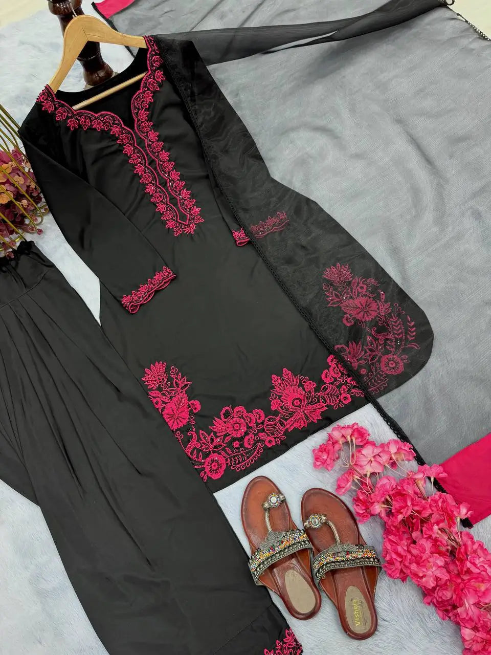 Natural Crepe Embroidered Palazzo Set with Moti & Sequins Work