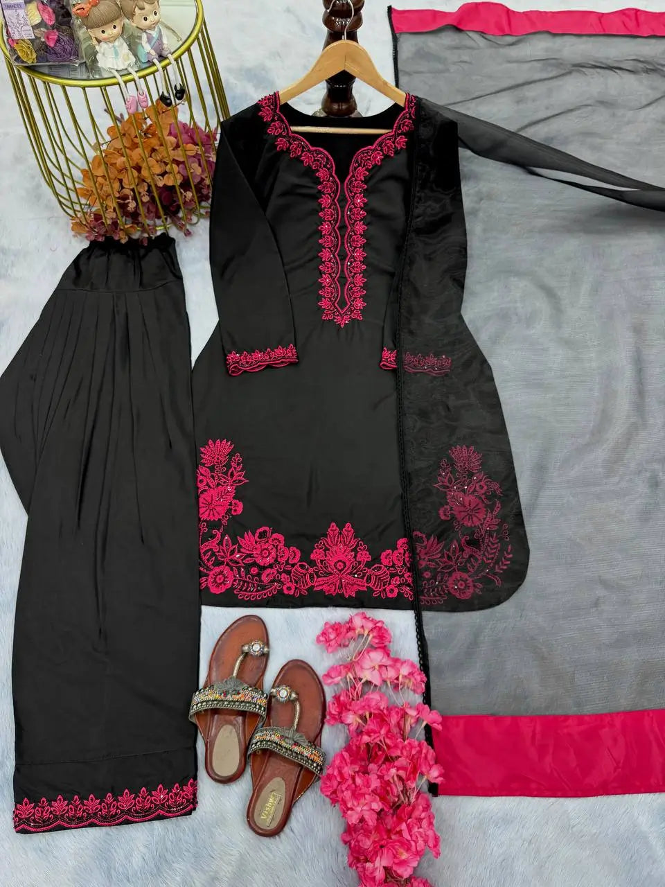 Natural Crepe Embroidered Palazzo Set with Moti & Sequins Work