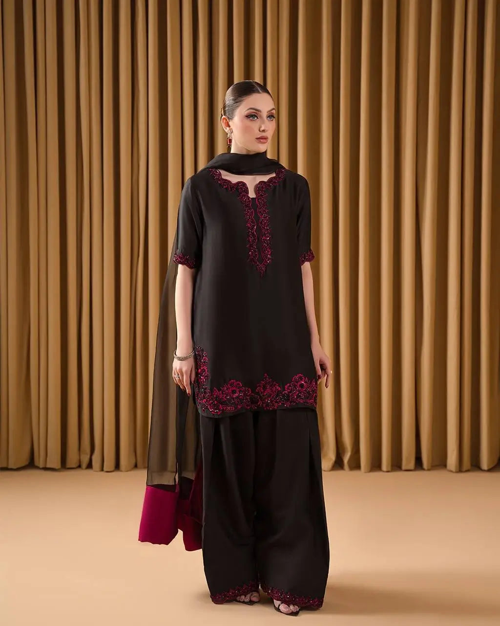 Natural Crepe Embroidered Palazzo Set with Moti & Sequins Work