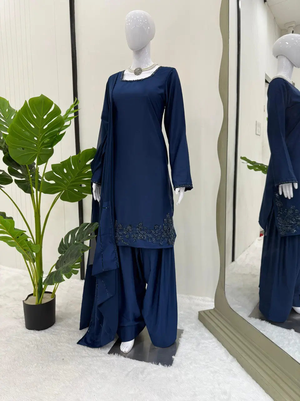 Natural Crepe Farshi Suit with Bead & Thread Work – Blue & Purple