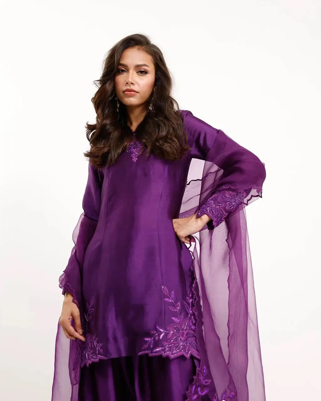 Natural Crepe Farshi Suit with Bead & Thread Work – Blue & Purple