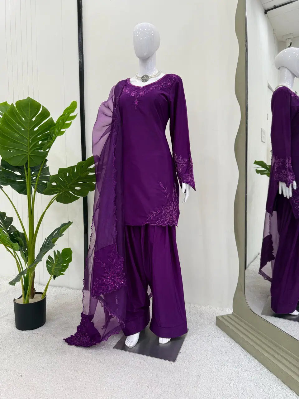 Natural Crepe Farshi Suit with Bead & Thread Work – Blue & Purple