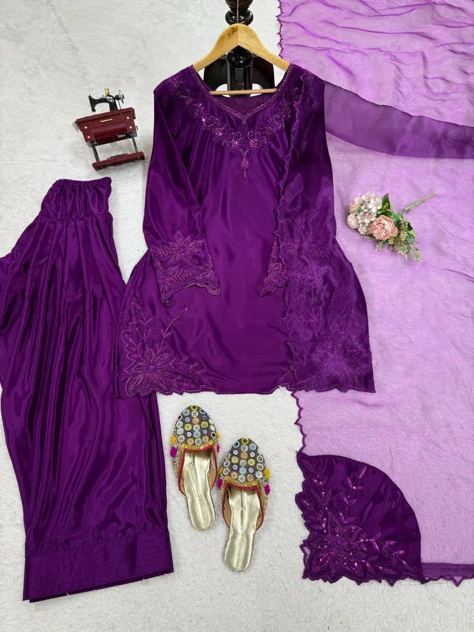 Natural Crepe Farshi Suit with Bead & Thread Work – Blue & Purple