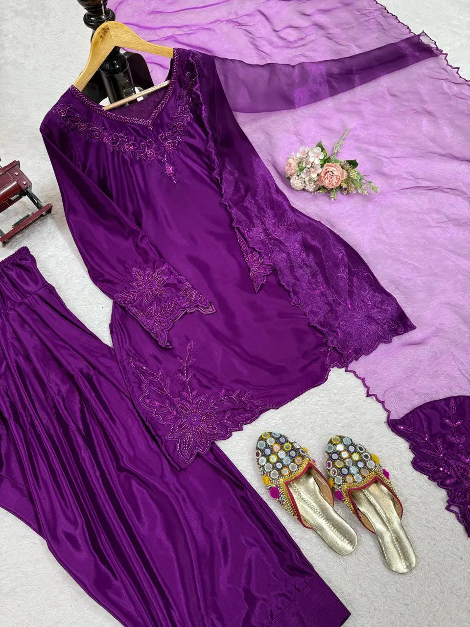 Natural Crepe Farshi Suit with Bead & Thread Work – Blue & Purple
