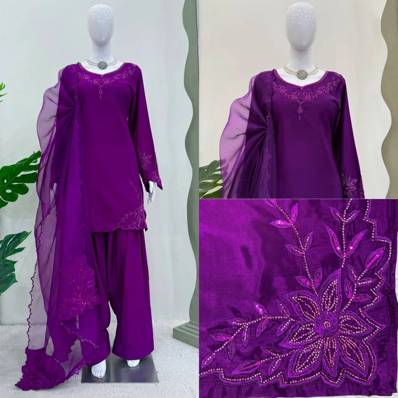 Natural Crepe Farshi Suit with Bead & Thread Work – Blue & Purple
