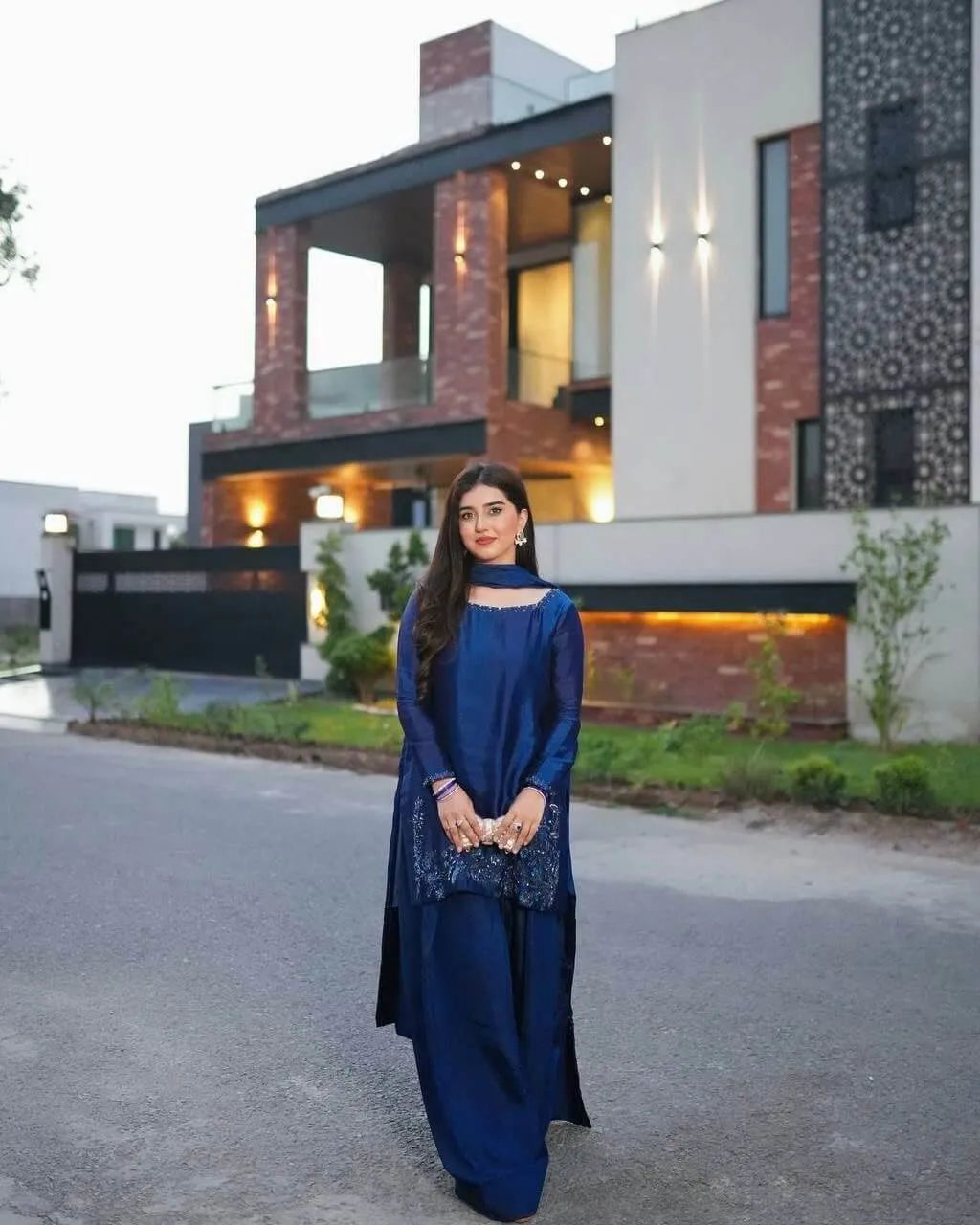 Natural Crepe Farshi Suit with Bead & Thread Work – Blue & Purple