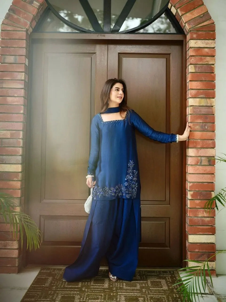 Natural Crepe Farshi Suit with Bead & Thread Work – Blue & Purple