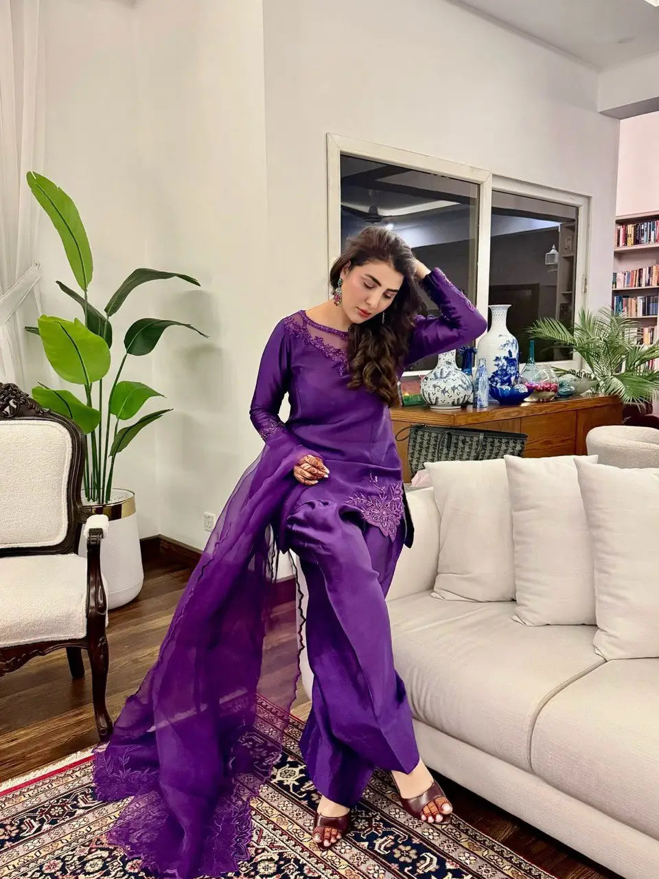 Natural Crepe Farshi Suit with Bead & Thread Work – Blue & Purple