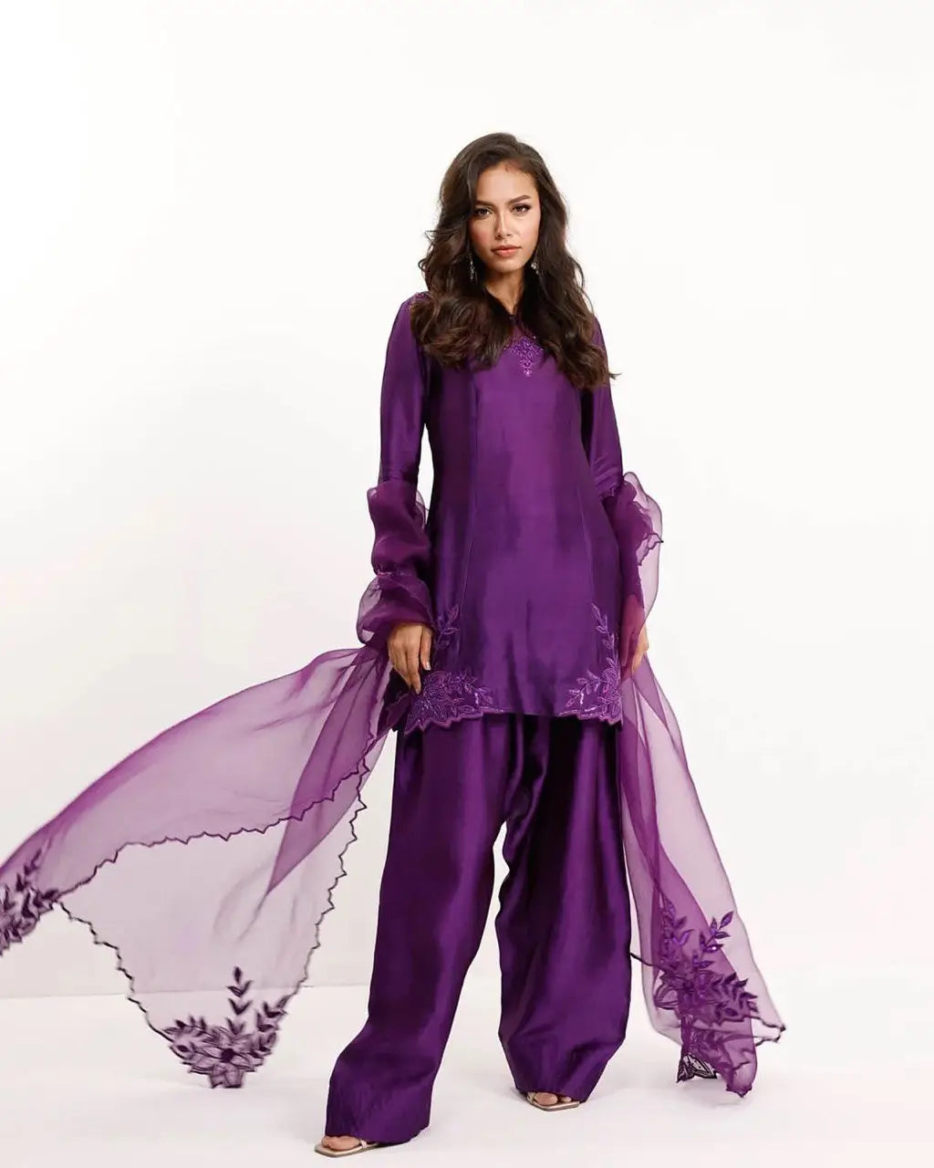 Natural Crepe Farshi Suit with Bead & Thread Work – Blue & Purple