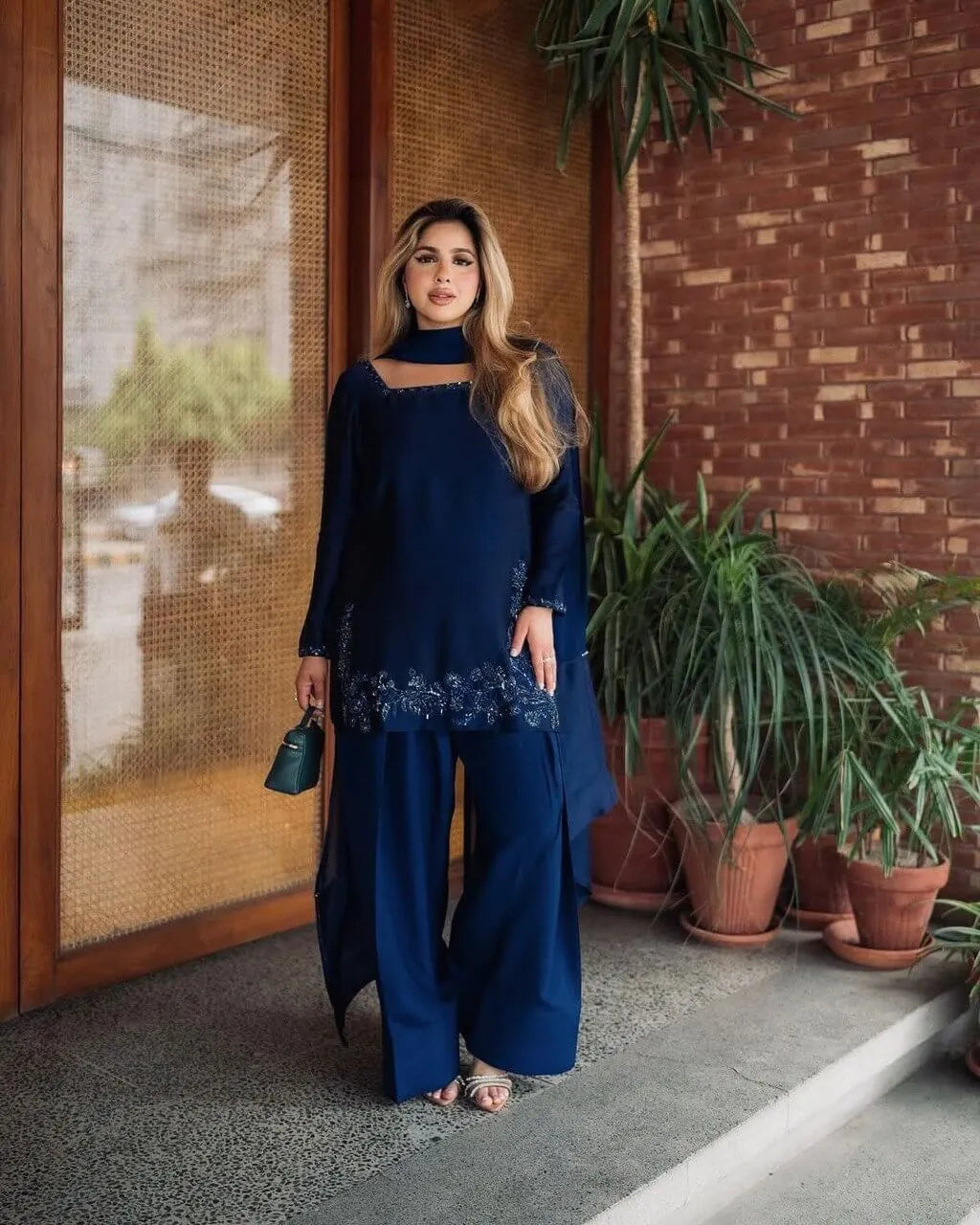 Natural Crepe Farshi Suit with Bead & Thread Work – Blue & Purple