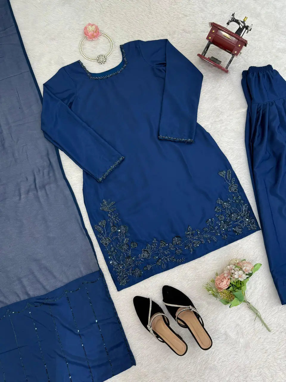 Natural Crepe Farshi Suit with Bead & Thread Work – Blue & Purple