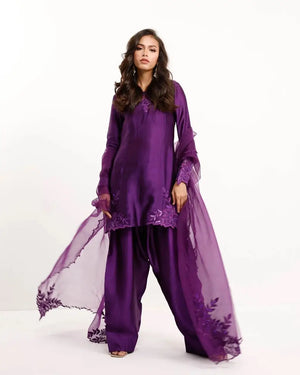 Natural Crepe Farshi Suit with Bead & Thread Work – Blue & Purple