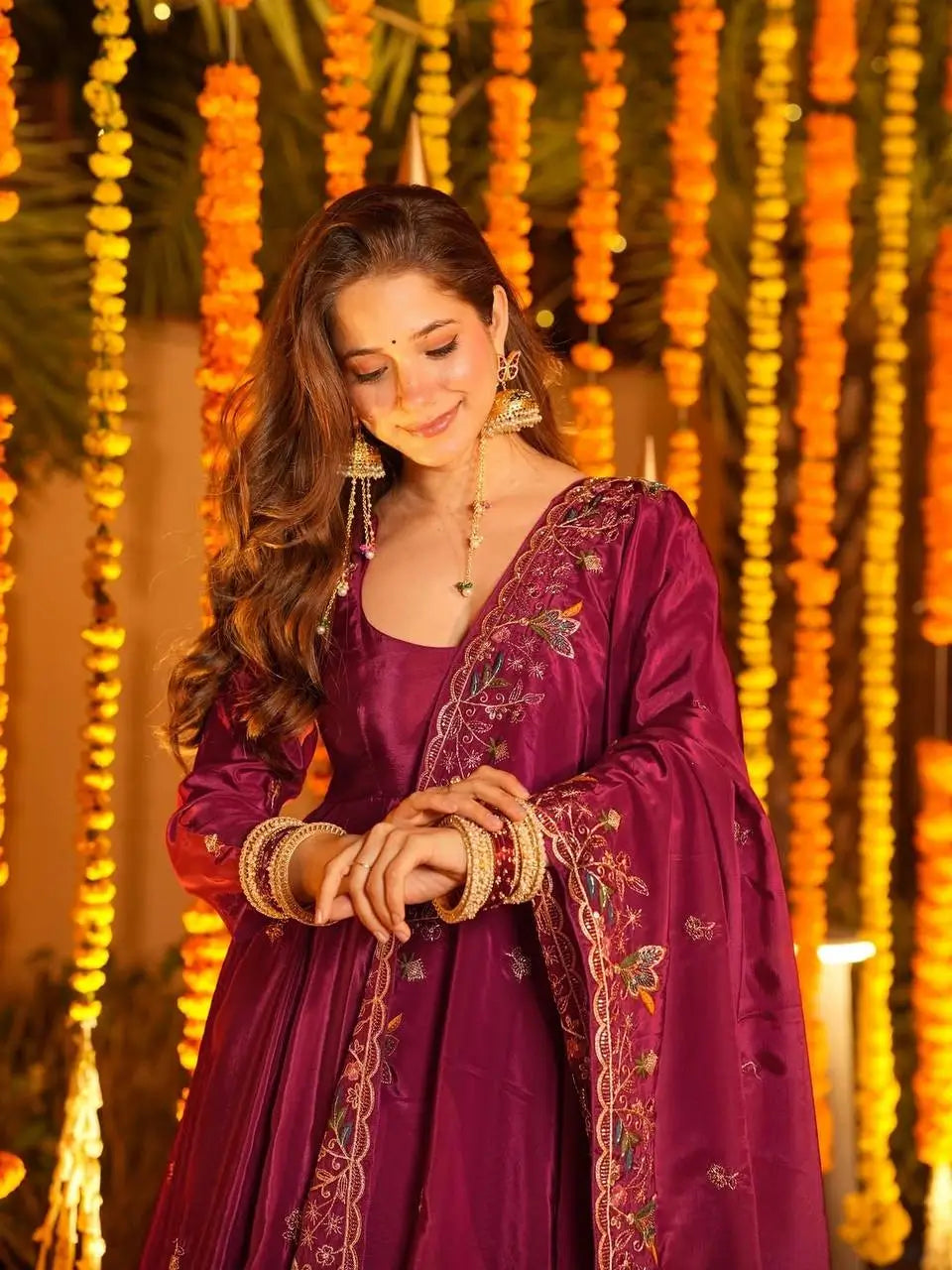 Natural Crepe Silk Embroidered Anarkali Plazzo Set with Thread Sequin Dupatta | Wedding Festive Wear