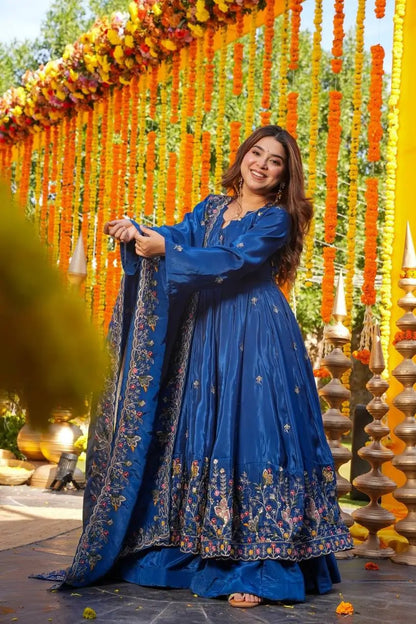 Natural Crepe Silk Embroidered Anarkali Plazzo Set with Thread Sequin Dupatta | Wedding Festive Wear