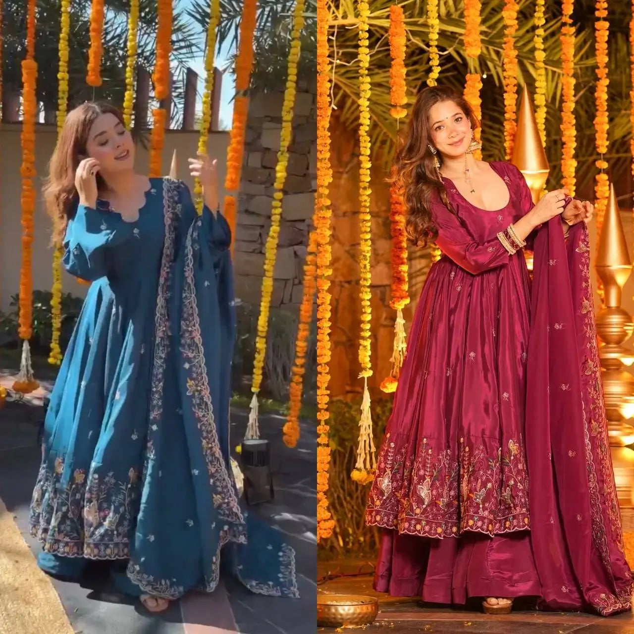 Natural Crepe Silk Embroidered Anarkali Plazzo Set with Thread Sequin Dupatta | Wedding Festive Wear