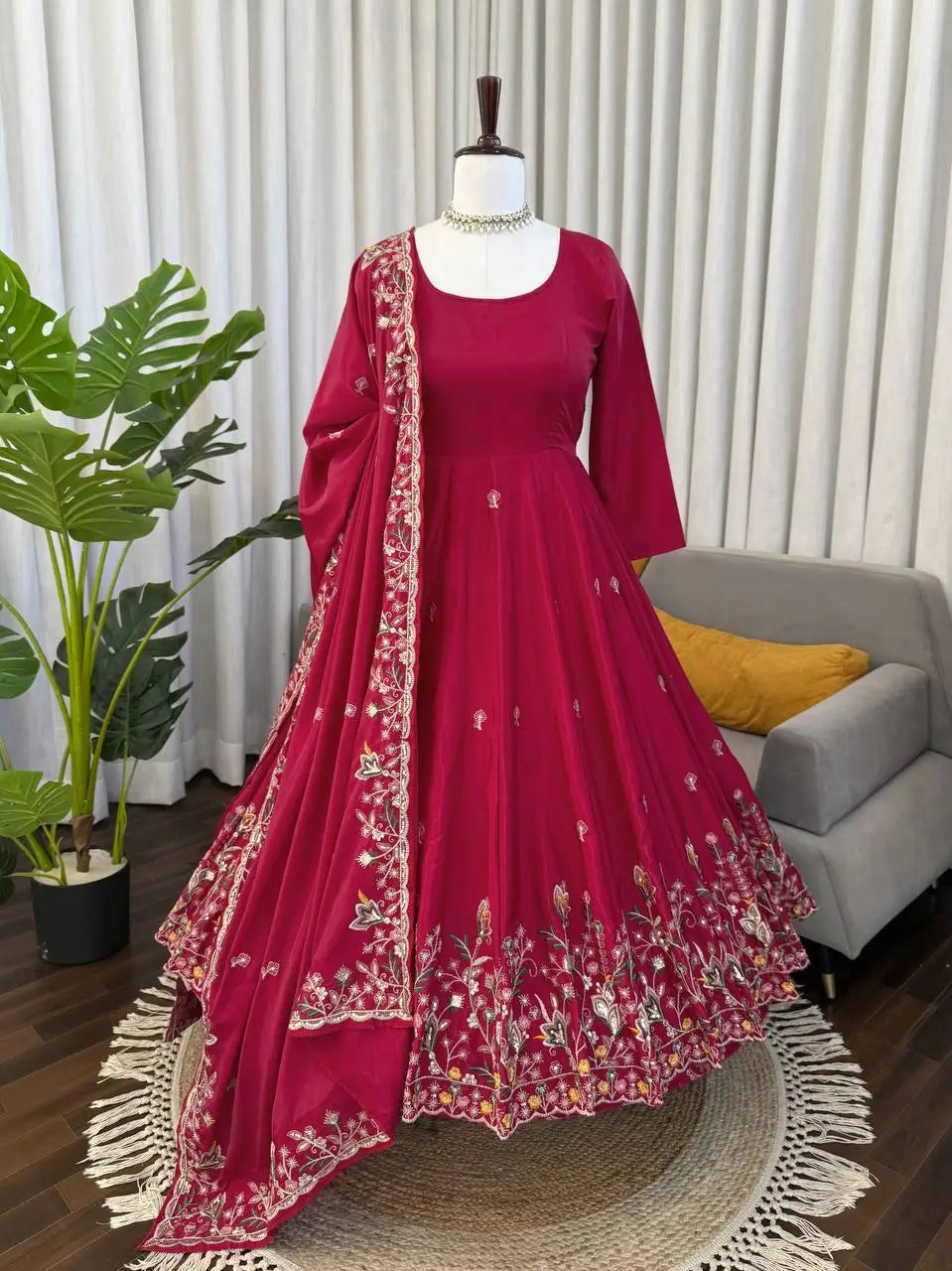 Natural Crepe Silk Embroidered Anarkali Plazzo Set with Thread Sequin Dupatta | Wedding Festive Wear