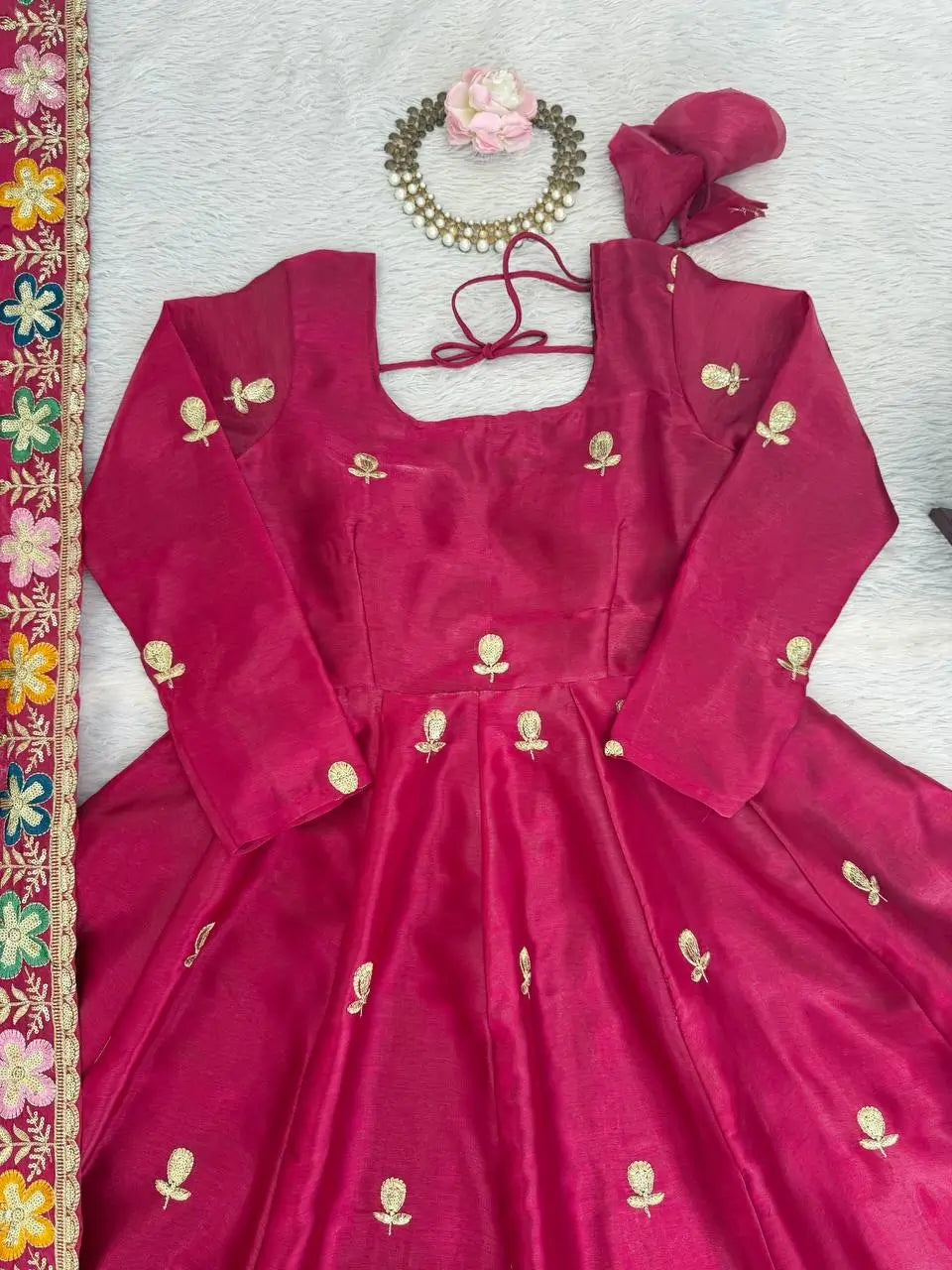 Natural Crepe Silk Embroidered Anarkali Plazzo Set with Thread Sequin Dupatta | Wedding Festive Wear