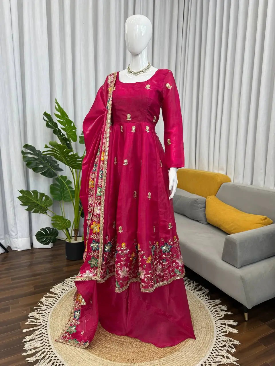 Natural Crepe Silk Embroidered Anarkali Plazzo Set with Thread Sequin Dupatta | Wedding Festive Wear