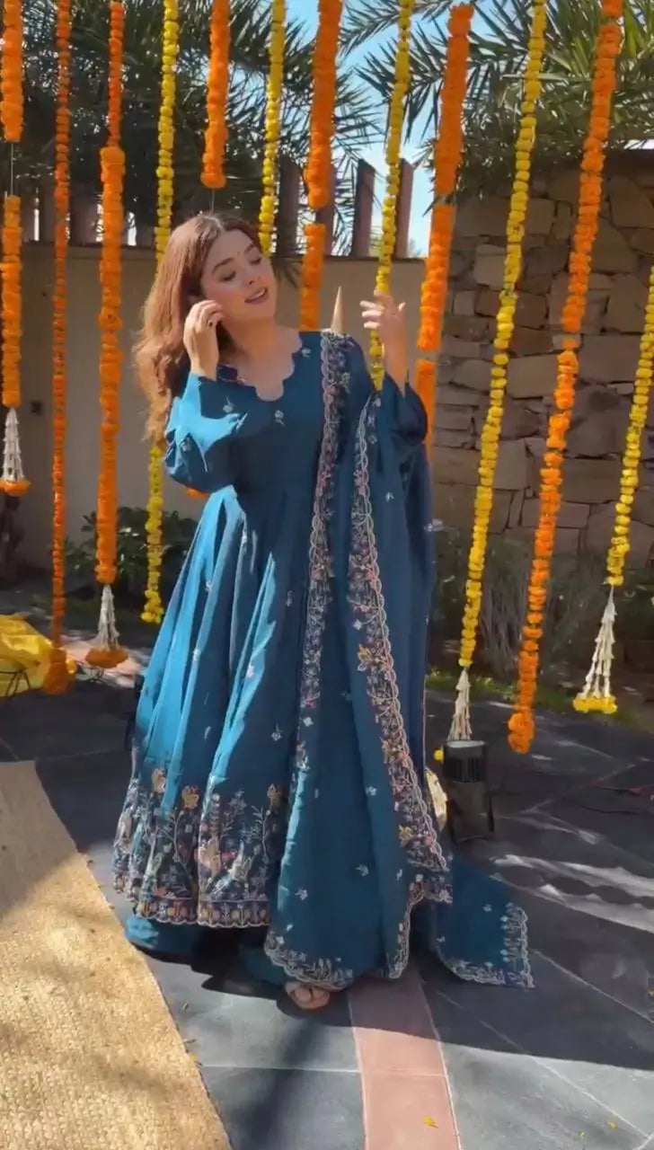 Natural Crepe Silk Embroidered Anarkali Plazzo Set with Thread Sequin Dupatta | Wedding Festive Wear