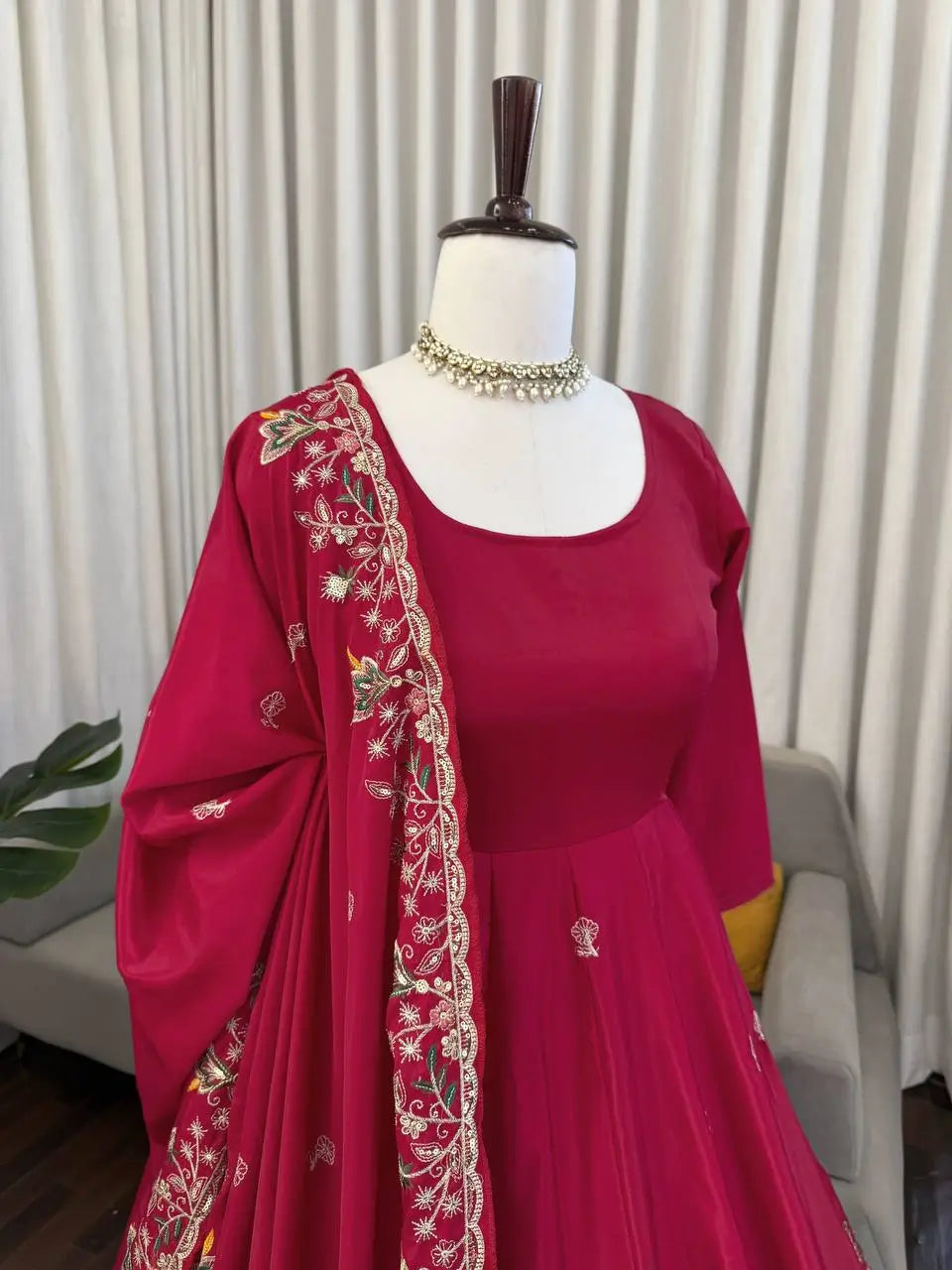 Natural Crepe Silk Embroidered Anarkali Plazzo Set with Thread Sequin Dupatta | Wedding Festive Wear