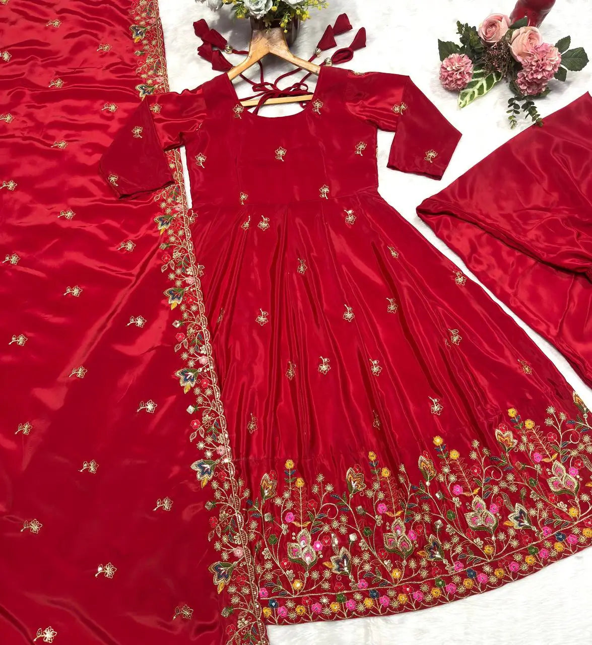 Natural Crepe Silk Embroidered Anarkali Plazzo Set with Thread Sequin Dupatta | Wedding Festive Wear