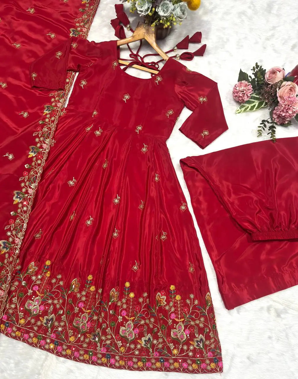 Natural Crepe Silk Embroidered Anarkali Plazzo Set with Thread Sequin Dupatta | Wedding Festive Wear
