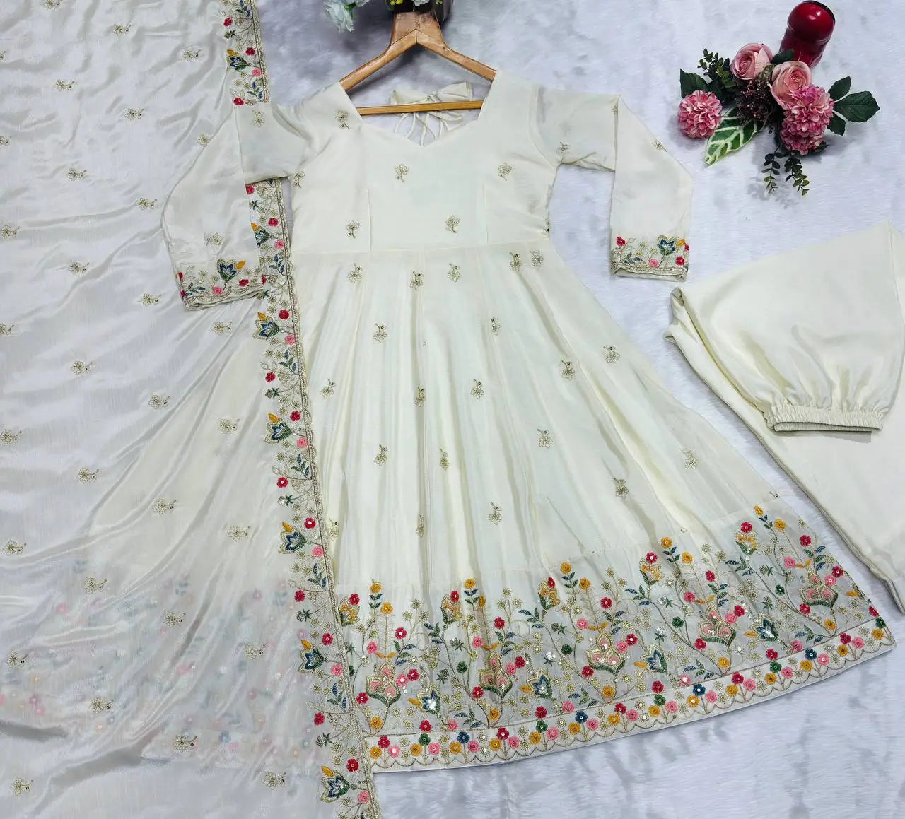Natural Crepe Silk Embroidered Anarkali Plazzo Set with Thread Sequin Dupatta | Wedding Festive Wear