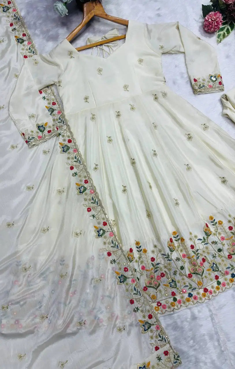 Natural Crepe Silk Embroidered Anarkali Plazzo Set with Thread Sequin Dupatta | Wedding Festive Wear