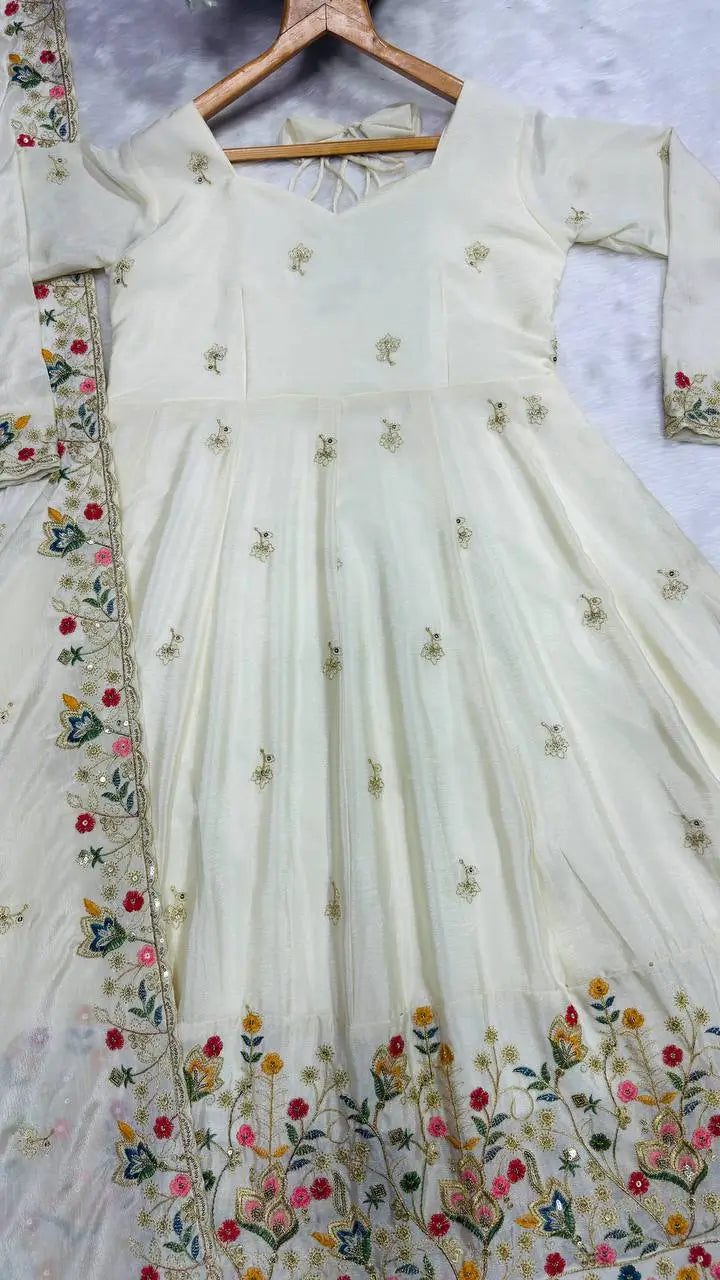 Natural Crepe Silk Embroidered Anarkali Plazzo Set with Thread Sequin Dupatta | Wedding Festive Wear