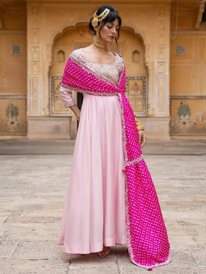 Natural Crepe Silk Embroidered Gown Set for Festive and Party Wear