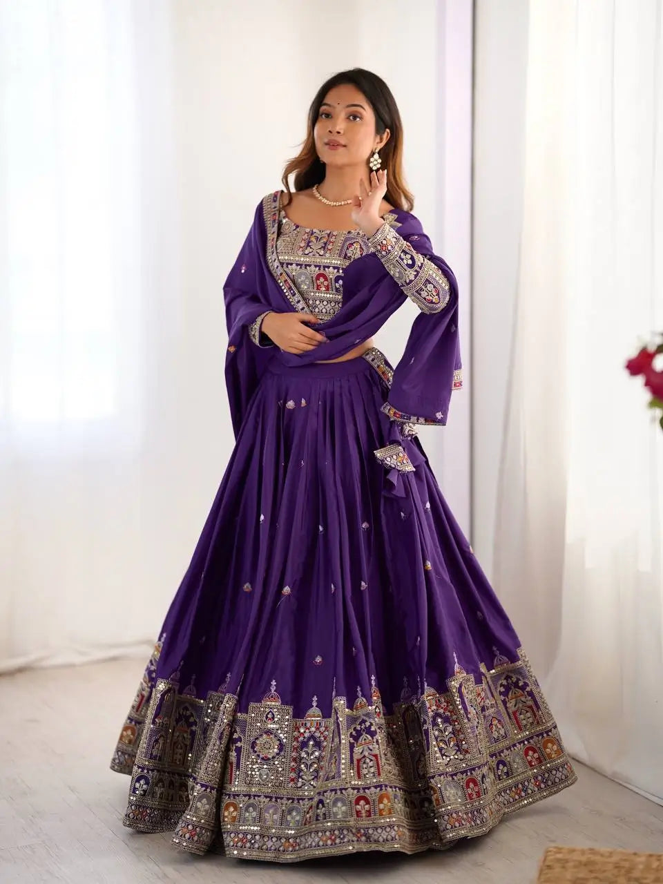 Natural Crepe Silk Embroidered Lehenga Set with Dupatta