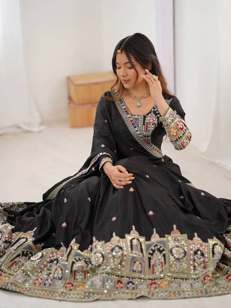 Natural Crepe Silk Embroidered Lehenga Set with Dupatta
