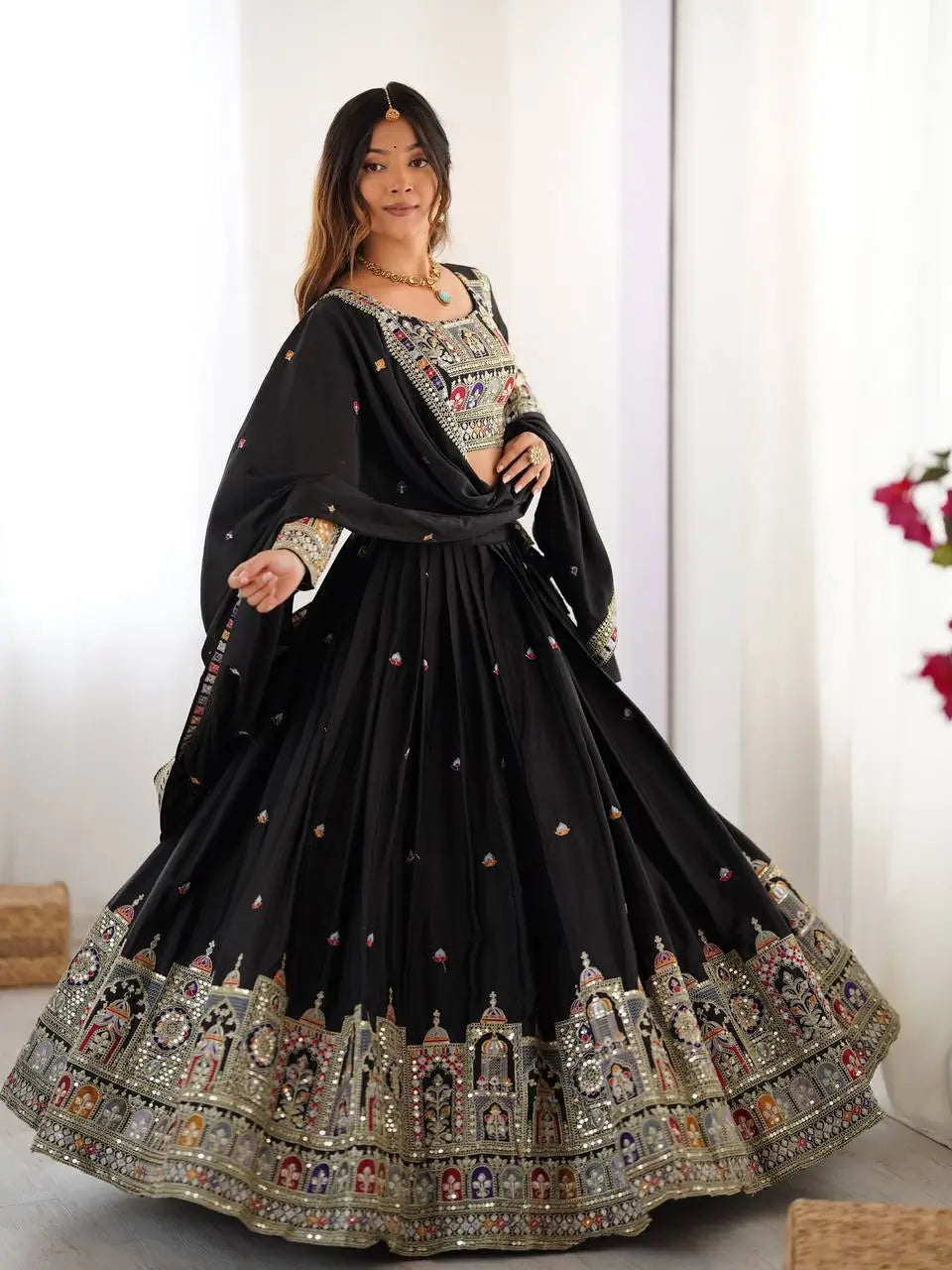 Natural Crepe Silk Embroidered Lehenga Set with Dupatta