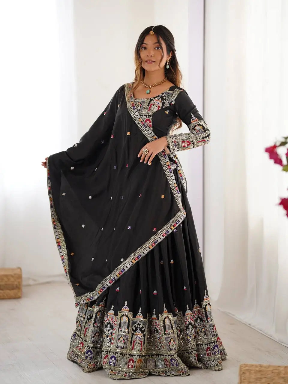Natural Crepe Silk Embroidered Lehenga Set with Dupatta