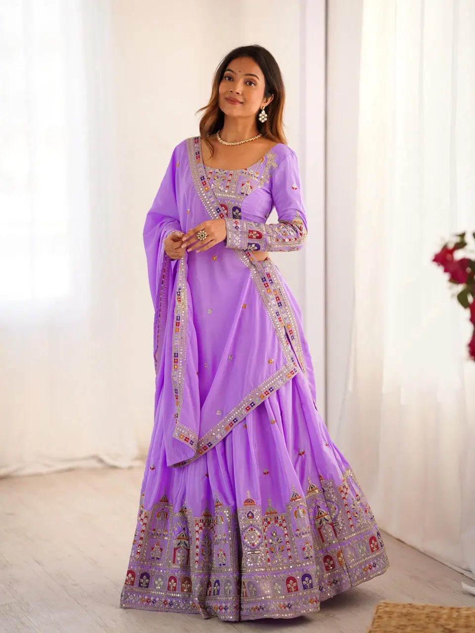 Natural Crepe Silk Embroidered Lehenga Set with Dupatta