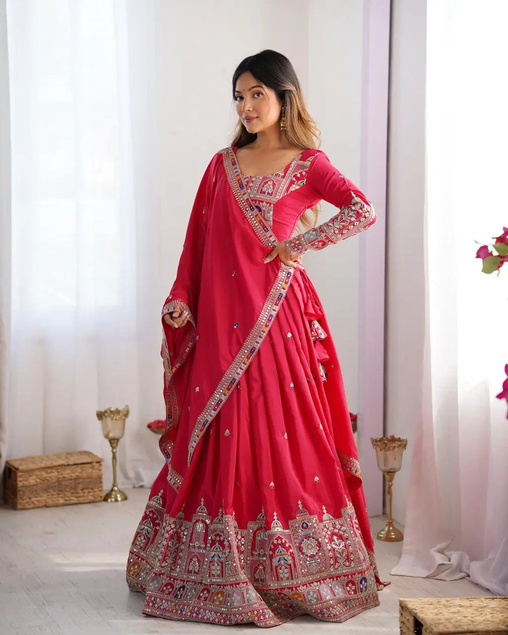 Natural Crepe Silk Embroidered Lehenga Set with Dupatta