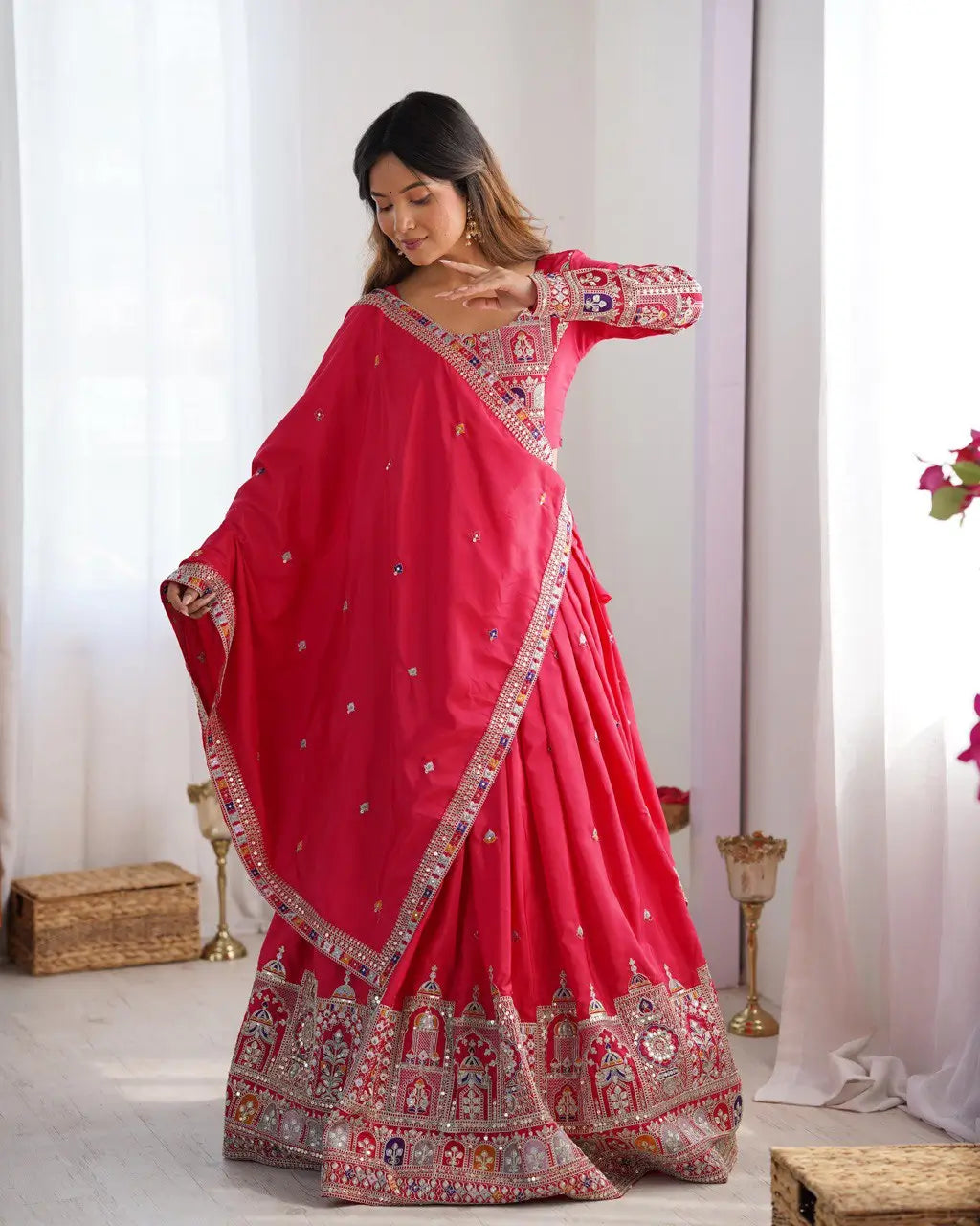 Natural Crepe Silk Embroidered Lehenga Set with Dupatta