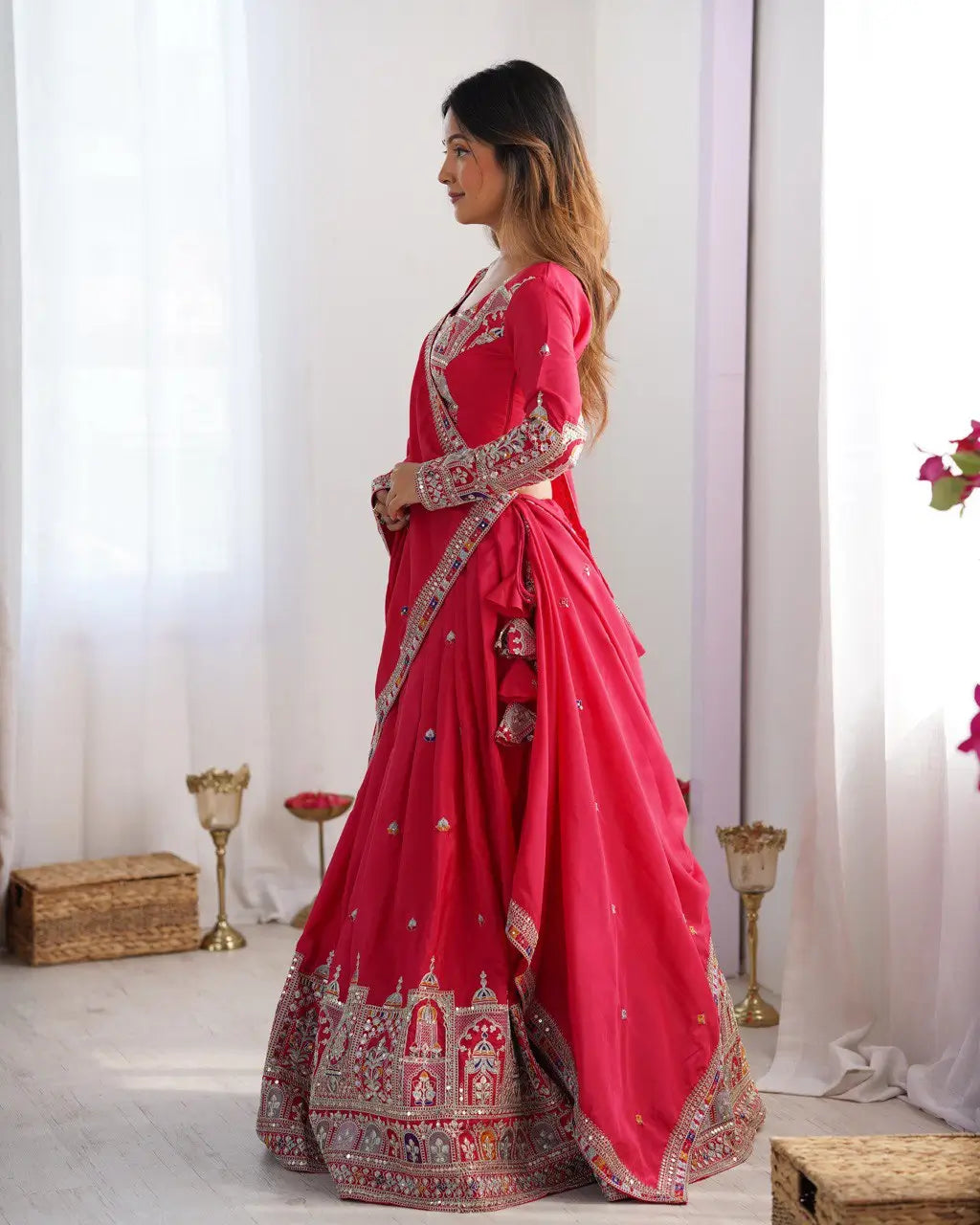 Natural Crepe Silk Embroidered Lehenga Set with Dupatta