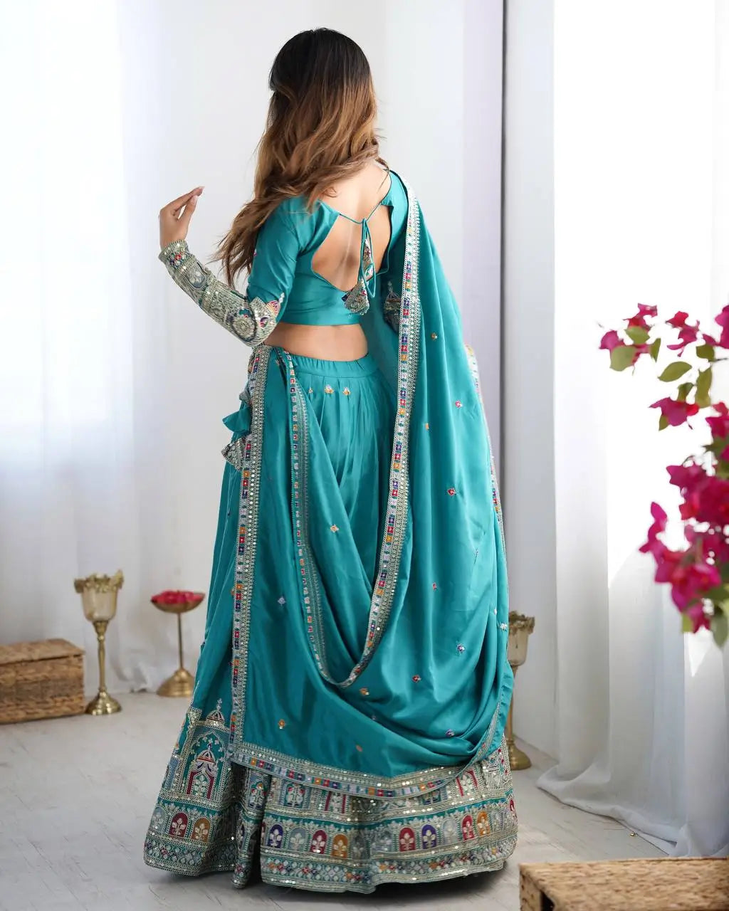Natural Crepe Silk Embroidered Lehenga Set with Dupatta