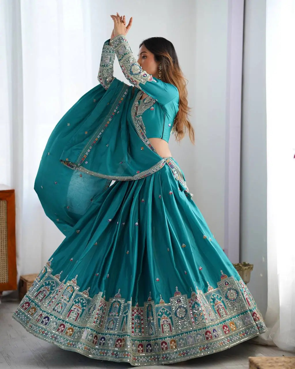 Natural Crepe Silk Embroidered Lehenga Set with Dupatta