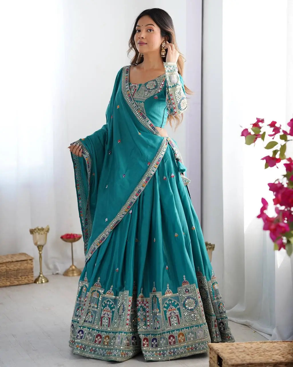 Natural Crepe Silk Embroidered Lehenga Set with Dupatta